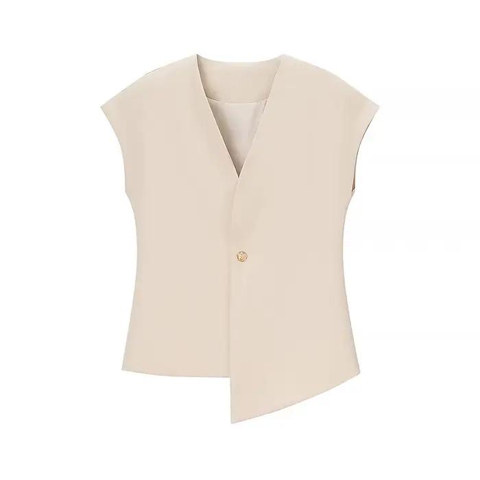 HH femmes Chic solide col en v une boucle gilet gilet + taille haute poche latérale décontracté ferm