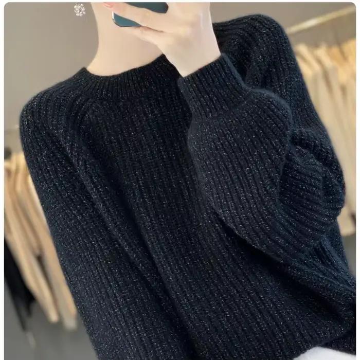 Pull en tricot à manches princesse pour femmes, col haut, perlé, ample, paresseux, couche de Base, a