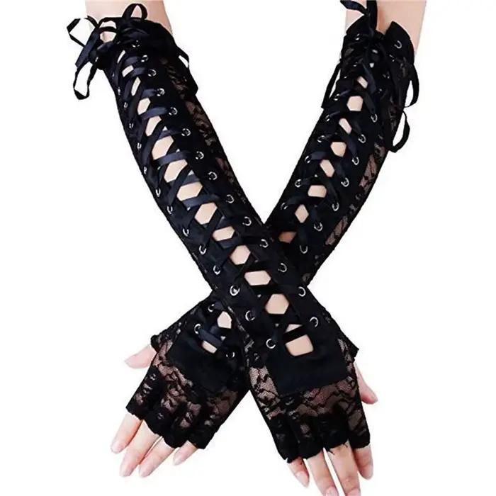 Mitaines en maille résille sans doigts pour femmes, dentelle florale sexy, longueur du coude, gants 