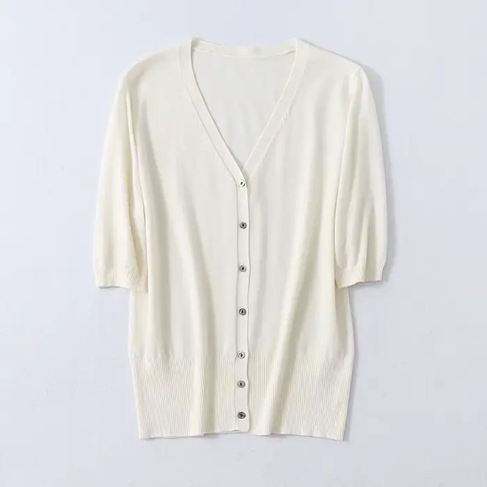 Cardigan à manches courtes et col en v pour femme, 70% soie de mûrier naturelle, 30% coton, tempéram