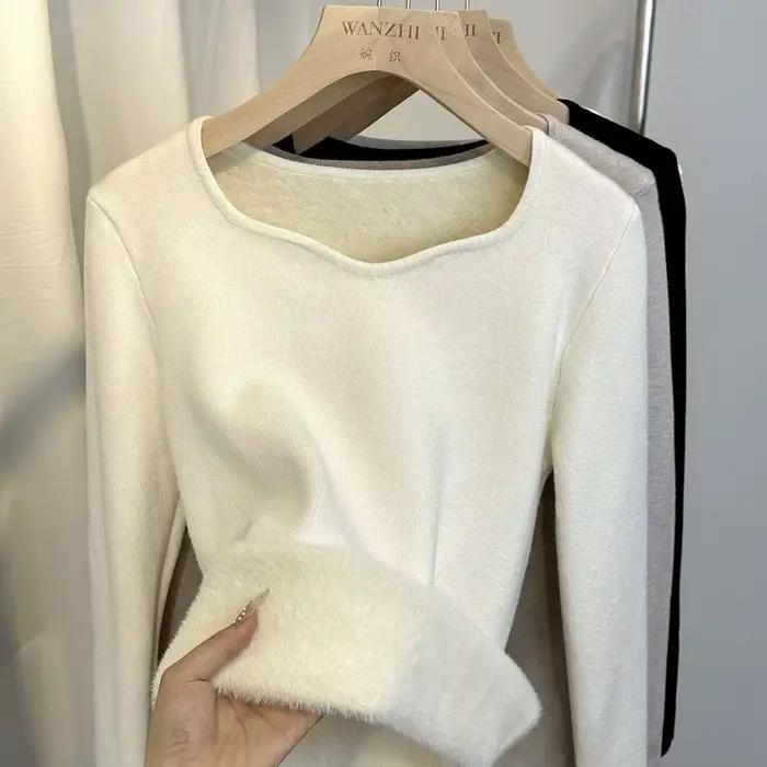 Pull chaud en flanelle à col carré pour femme, avec rembourrage épais, Design Unique et effet aminci