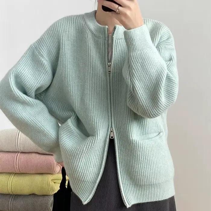 Pull tricoté ample et décontracté de Style coréen pour femme, pull à Double fermeture éclair, Design