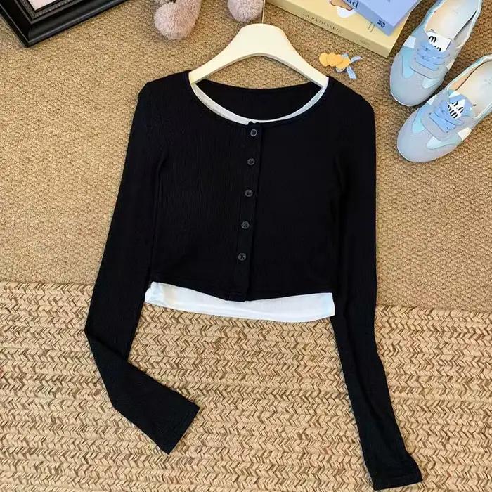 Cardigan à col rond pour femmes, manches longues, Style court, Design de boutons, haut tricoté, coul