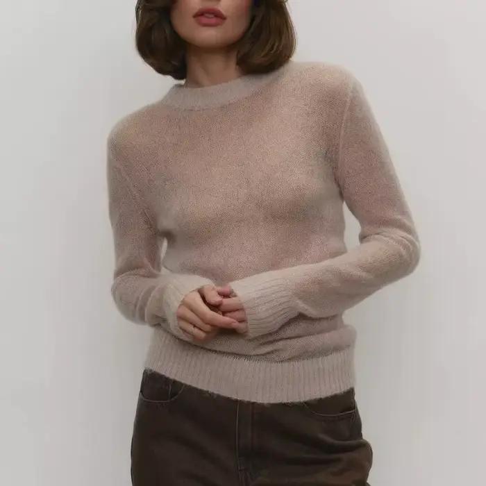 Pull en tricot à la mode pour femmes, manches longues, col rond, ample, transparent, solide, décontr