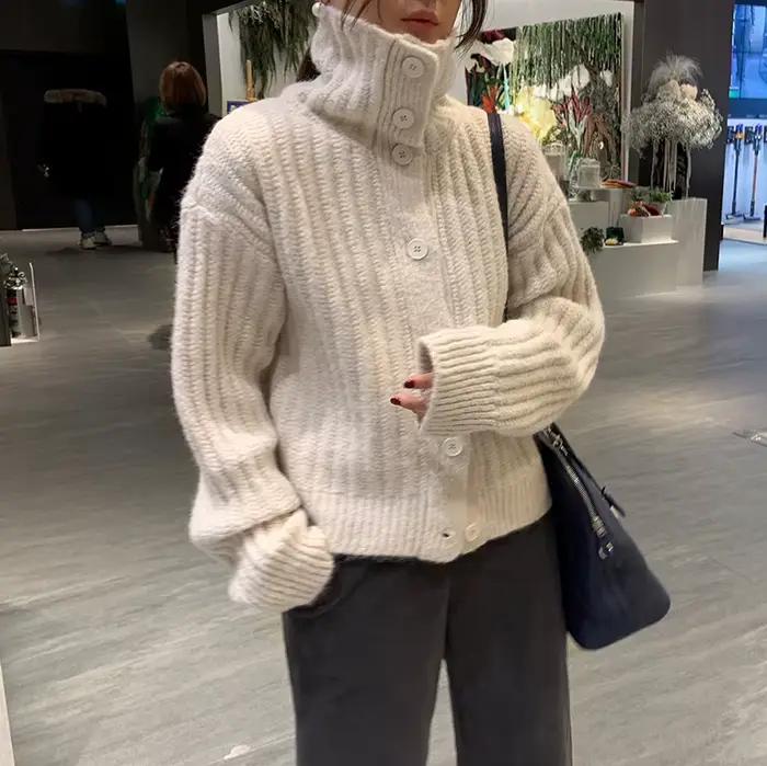 Jielur-Cardigan Simple Décontracté pour Femme, Blanc, Gris, Camel, Noir, Street Chic, Pulls d'Hiver,