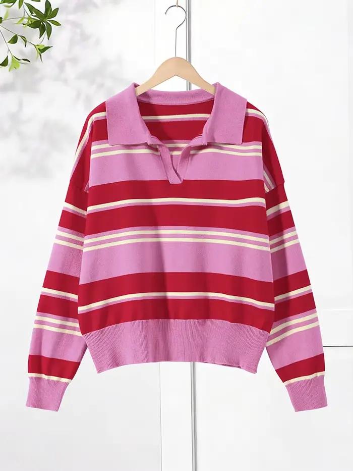 Pull en maille décontracté à col polo rayé pour femme, manches longues, doux, ample, polyvalent, col