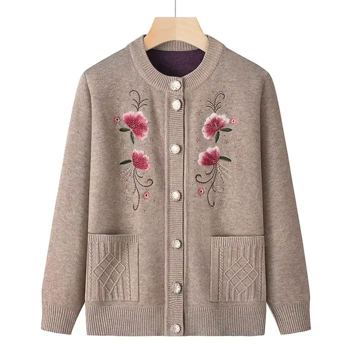 Pull XL-4XL femmes imprimé ajouter velours hiver Cardigan manteau d'âge moyen mère ogo veste chaude 