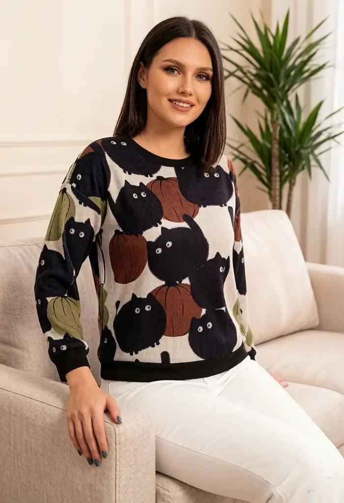 Pull tricoté à manches longues pour femme, col rond, imprimé chat et motif citrouille, mignon et déc