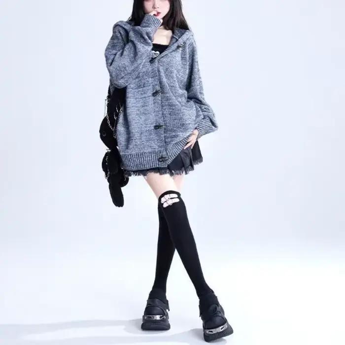 Veste pull à capuche avec oreilles de lapin gris pour femme, Cardigan tricoté ample et décontracté, 