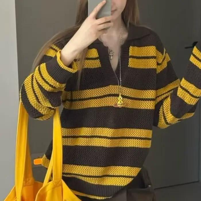 Pull tricoté rayé à manches longues pour femme, grande taille, nouvelle collection automne/hiver 202