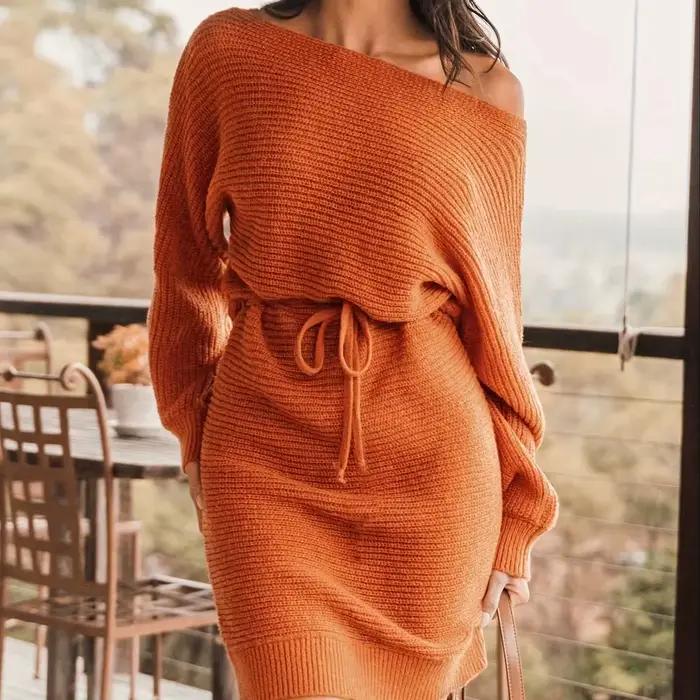 Robe pull à manches chauve-souris pour femmes, robe élégante en tricot à manches longues et col asym
