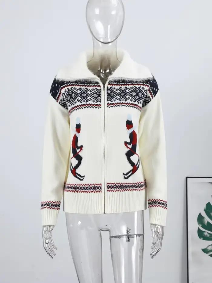 Cardigan Jacquard Tricoté pour Femme, Manteau de Ski, Veste Ample à Revers et Manches Longues avec F