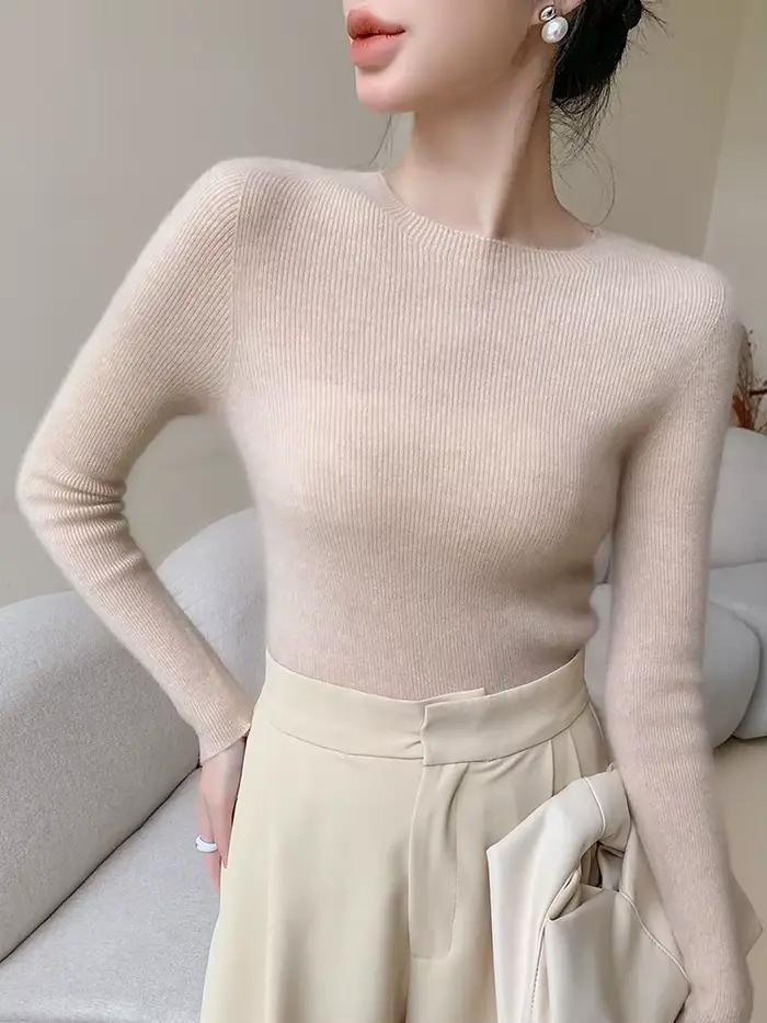 Basics-Pull en laine mérinos pour femme, pull fin, pull doux, manches longues, vêtements en cachemir