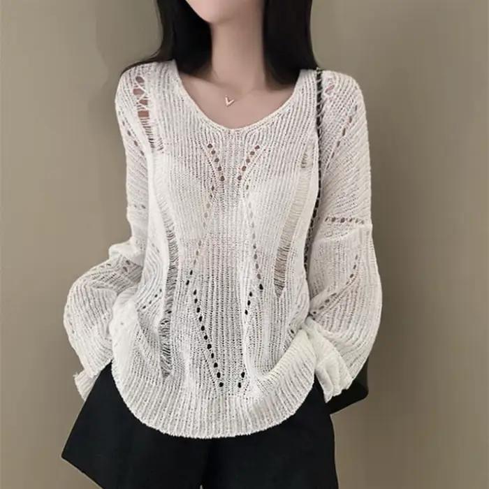 Pull en détresse pour femmes, pull à épaules tombantes, tricot ajouré, uni, couverture d'été, hauts 