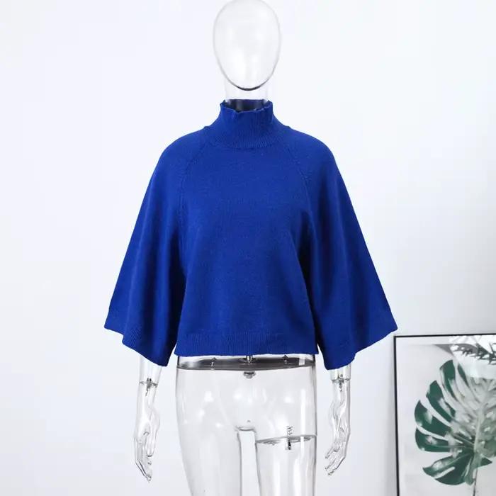 Pull en tricot à col roulé pour femmes, manches évasées, coupe ample, doux, décontracté, Chic, court