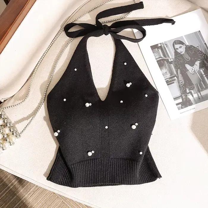Gilet tricoté élégant à col halter et nœud dos nu, orné de perles à la française, pour femme, toutes