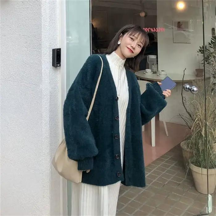 Pull en vison de Style paresseux japonais pour femme, veste ample, couleur unie, col en v, tricoté, 