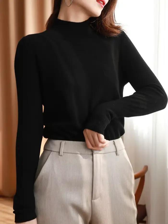 Pull chic d'automne-hiver pour femme, col roulé, en cachemire, tricoté, doux et chaud, coupe ajustée