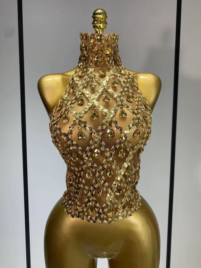 Haut transparent en maille à paillettes et strass scintillants pour femmes, Sexy, boîte de nuit, soi