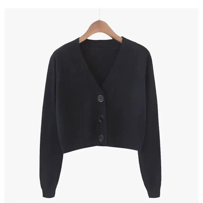 Cardigan court en tricot pour femme, style coréen, pull court à manches longues, col en V, élégant, 