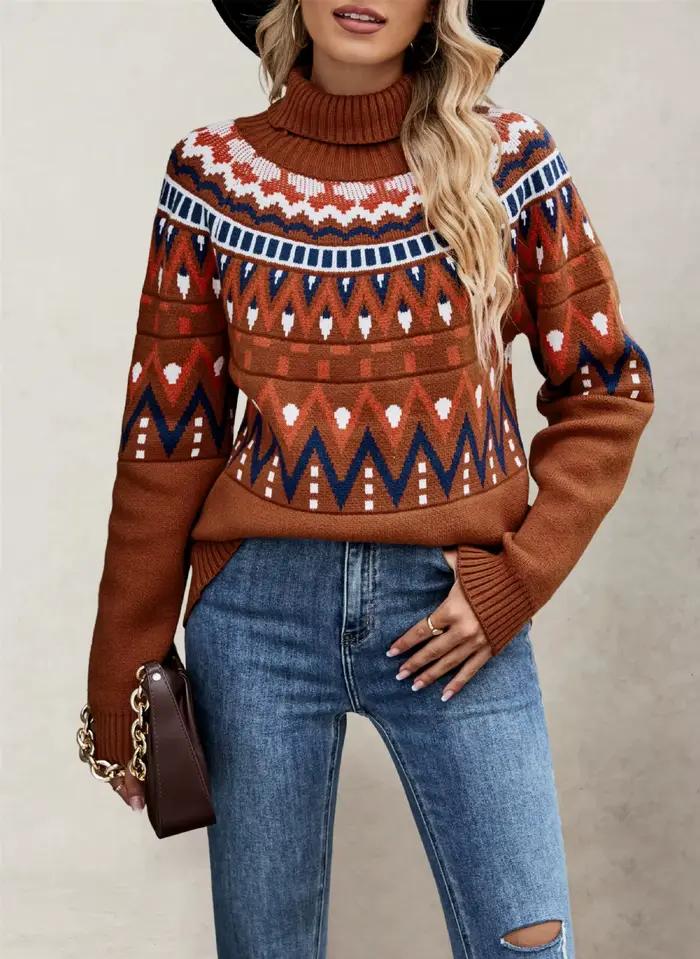 2025 hiver nouveau rétro rayure couleur bloc pull femmes col haut pull en tricot ample