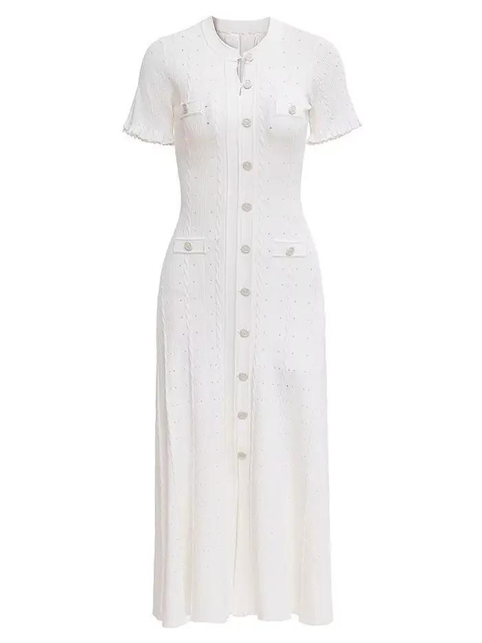Robe longue élégante en maille côtelée à col rond et manches courtes, ajourée, à bouton unique, styl