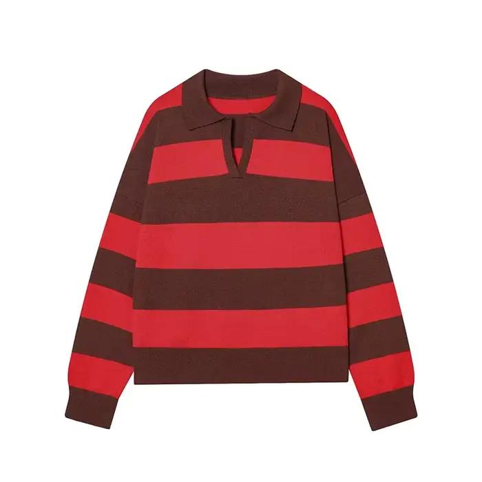 Pull tricoté rayé col polo pour femme, nouvelle collection 2026, mode printemps, coupe ample, élégan