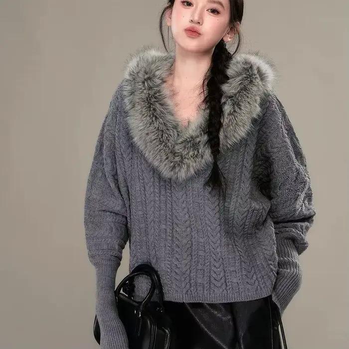 Pull tricoté rétro à grand col en v pour femmes, vêtements d'automne et d'hiver avec col en fourrure