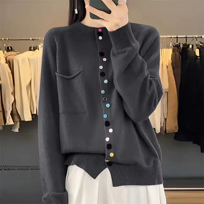 Cardigan en cachemire pour femme, simple boutonnage, manches longues, élégant, Vintage, laine unie, 