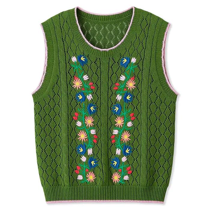 Gilet en tricot pour femme, confortable et élégant, avec broderie florale, col rond, sans manches, p