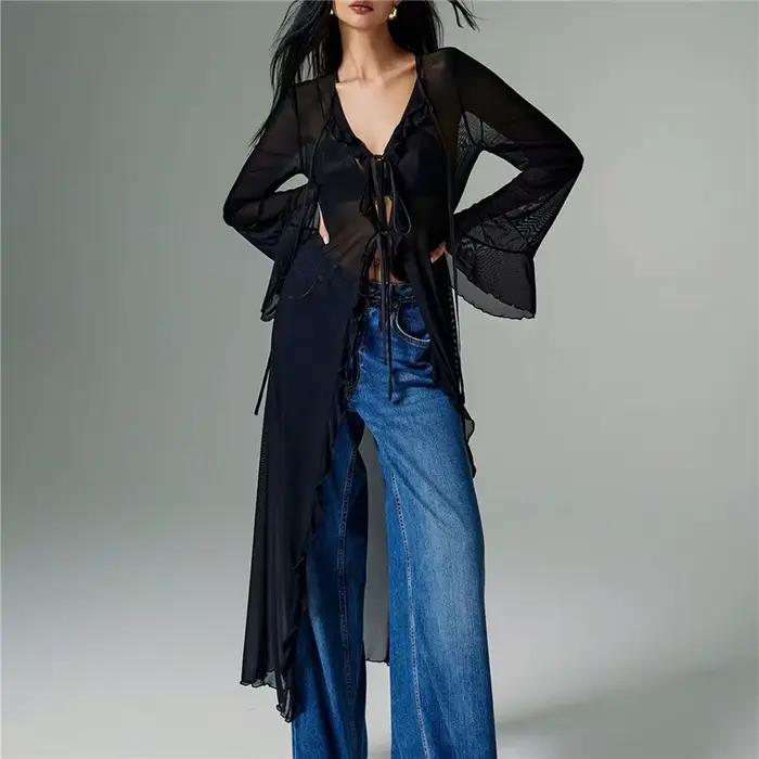 Cardigan transparent à volants pour femme, hauts à manches longues évasées, col en V, couleur unie, 