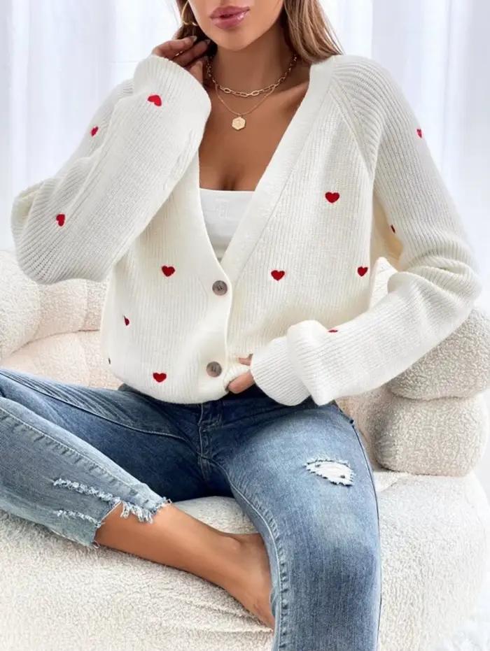Cardigan en tricot brodé cœur pour femme, coupe ample, ouvert sur le devant, manches longues, mantea