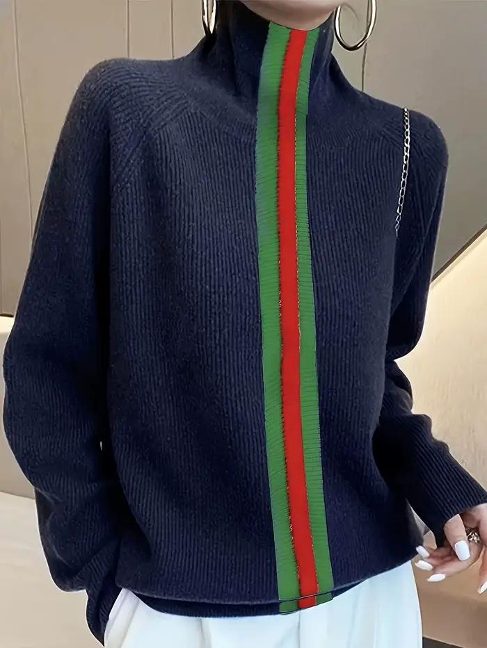 Pull tricoté à col roulé color-block à manches longues pour femme, nouvelle collection printemps-aut