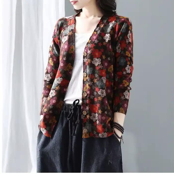 Cardigan à manches longues imprimé vintage pour femmes, pull polyvalent, tenue d'automne, design fin
