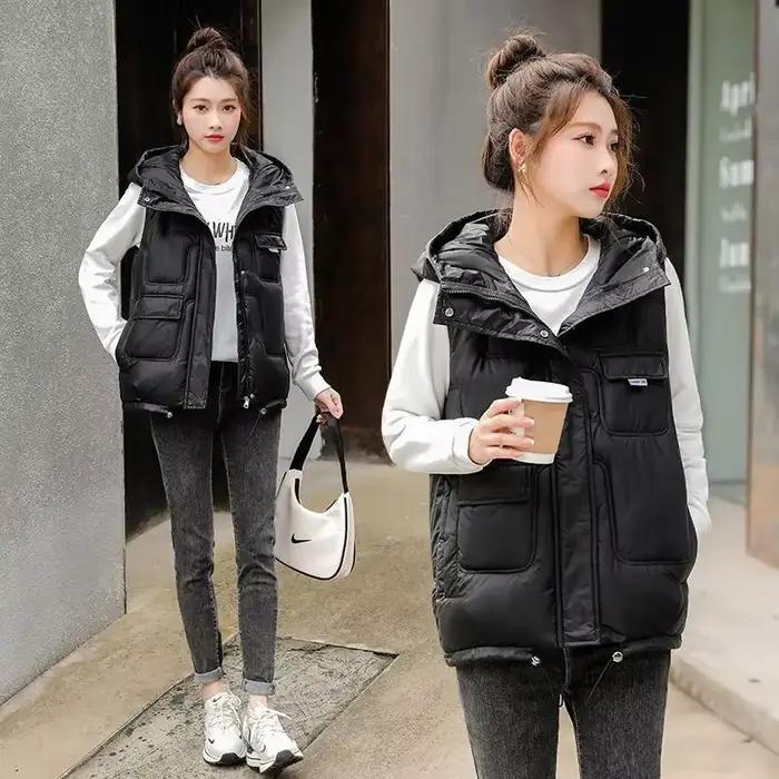 Gilet pour femmes matelassé noir sans manches Demi-saison vêtements mode 2025 gilet à capuche femme 