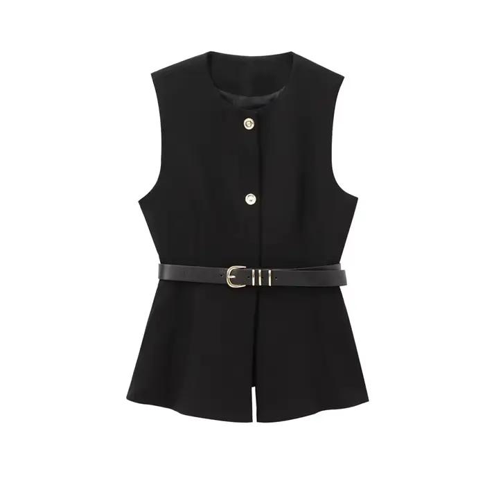 Gilet Long avec ceinture pour femmes, bouton doré sur le devant, gilet sans manches à col rond, vête