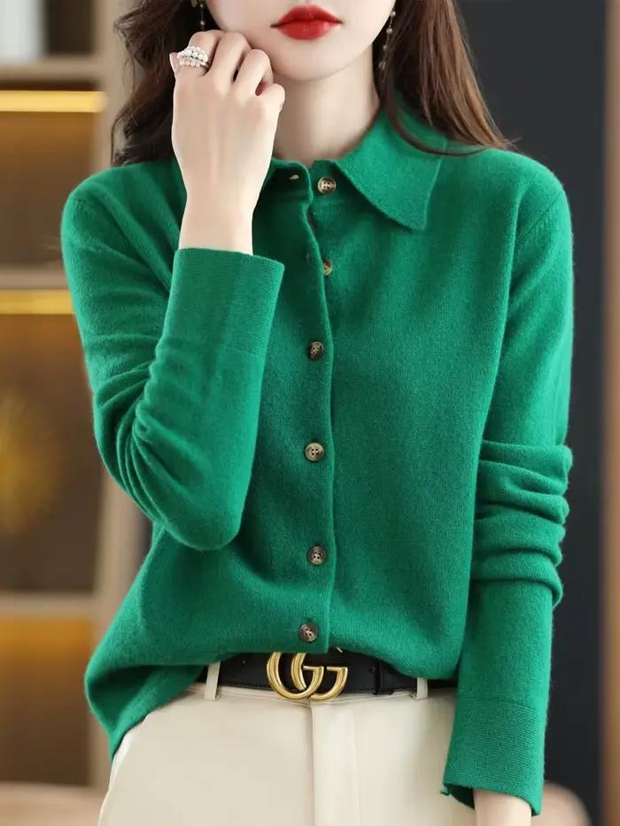 Pull en laine mérinos pour femme, cardigan à manches longues, col polo, tricots à la mode, haute qua