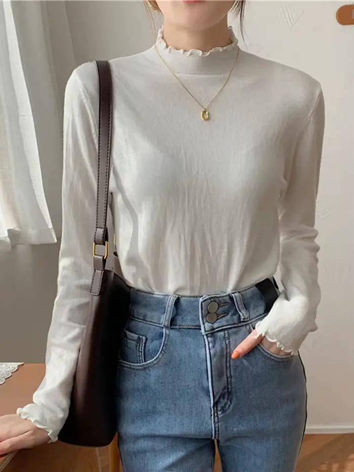 AOSSVIAO 2026 Nouveau Pull Femme Automne Hiver Manches Longues Haut Basique Mode Froncé Élastique Tr