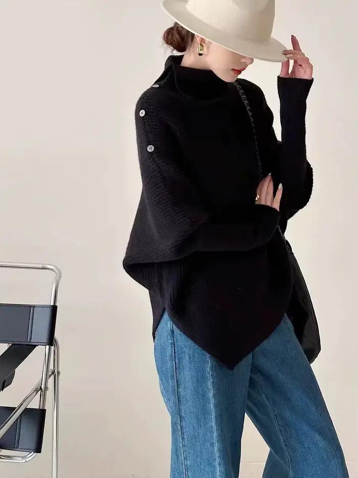 Pull irrégulier à col haut pour femmes, haut en tricot optique, style doux et paresseux, nouvel arti
