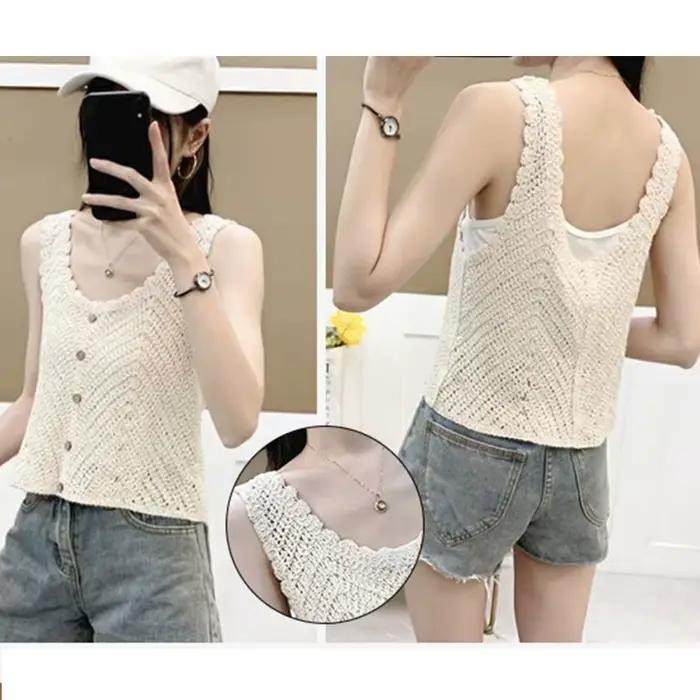 Gilet d'été sans manches en Crochet pour femmes, gilet coupe basse, col rond boutonné, Cardigan cour