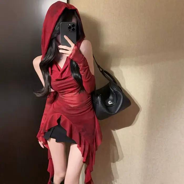 Haut transparent en maille rouge, Streetwear, T-shirt à capuche, manches longues à volants irrégulie
