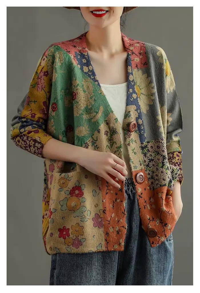 Pull décontracté à col en V pour femme, imprimé rétro ogo, vison imperméable, bouton, automne, hiver