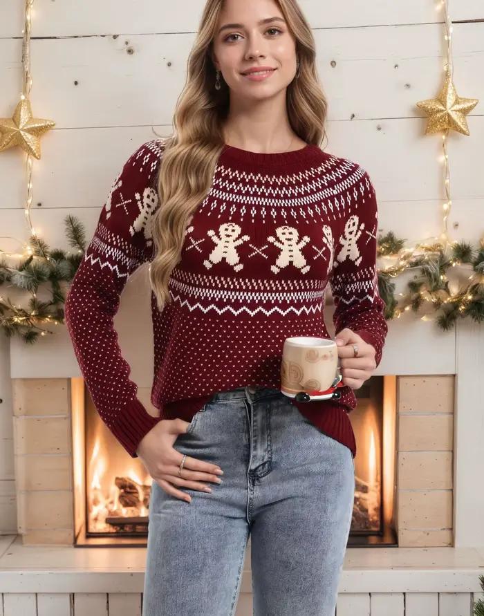 2025 automne et hiver pull de noël en vrac tricoté à pois flocon de neige dessin animé femmes pull h