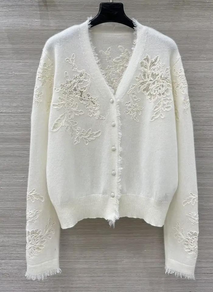100% cachemire 2025 hiver nouvelle mode broderie dentelle florale tricot tricoté cardigan à manches 