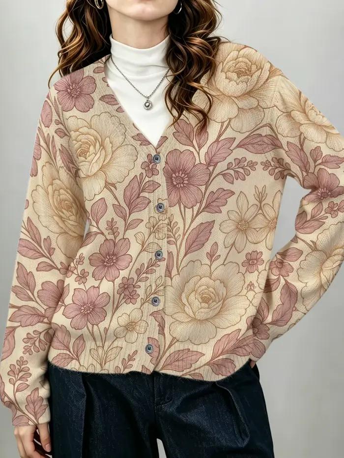 Cardigan boutonné à col en V pour femme, veste fine pour l'automne et l'hiver, motif floral vintage,