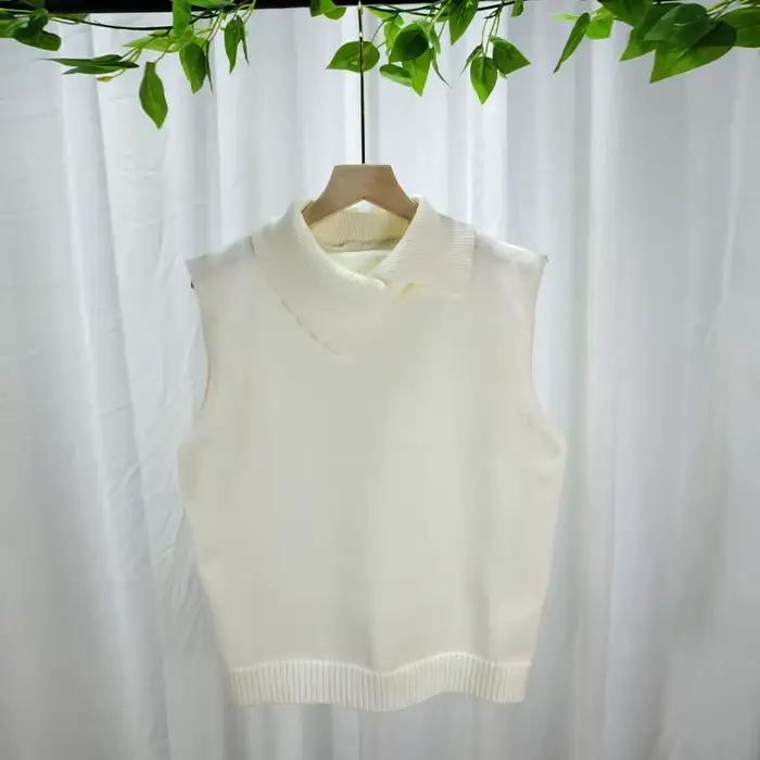 Gilet tricoté coréen sans manches à revers de couleur unie, polyvalent et décontracté pour femme, co