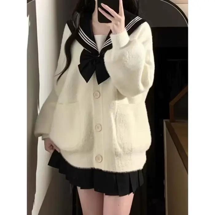 Manteau pull en laine japonais de style collégial pour femmes petites, haut en tricot ample doux et 