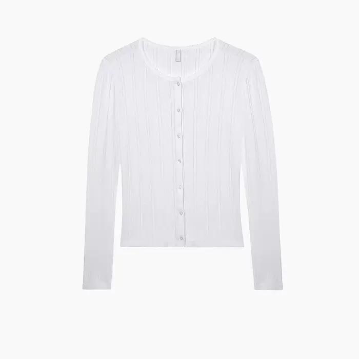 Cardigan en tricot à rayures verticales ajourées de style français, haut court à manches longues aju