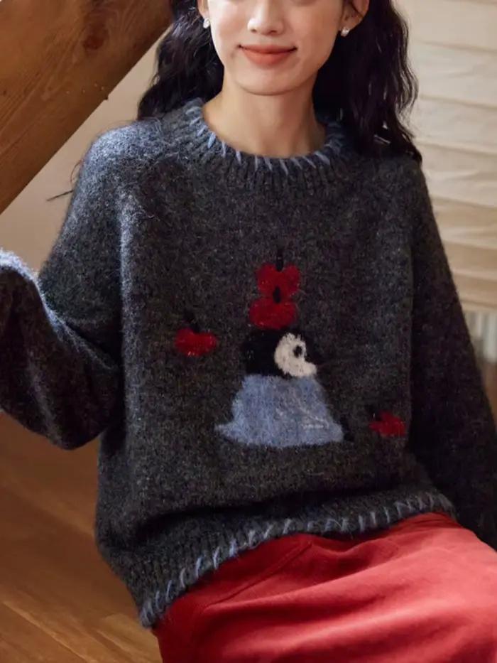 Pingouin broderie pull épais pull femmes 2025 nouveau automne hiver lâche mignon pull