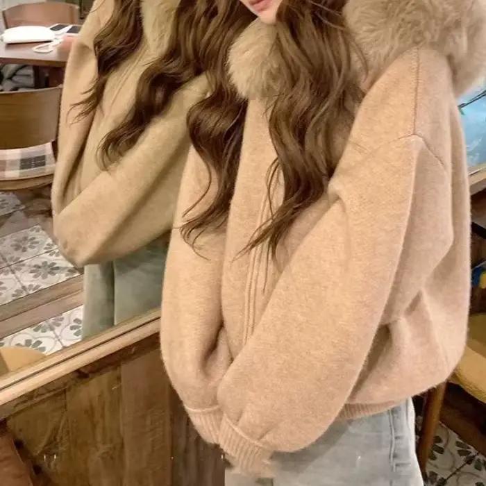 Veste Cardigan tricotée à col en fourrure texturée haut de gamme pour femmes, nouveau Style d'automn